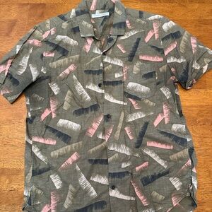 Outerknown Olive Short-Sleeve Button-Down with Pink, Black & Cream Brushprint